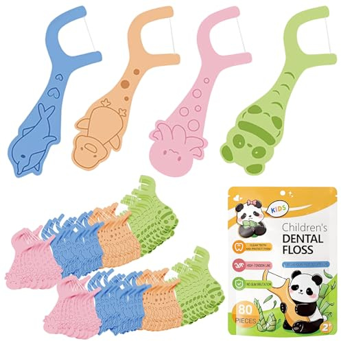 80 filo interdentale per bambini, impugnatura antiscivolo con aroma di frutta, 4 forme di animali colorati, bastoncini di filo interdentale bastoncini per la pulizia dei denti