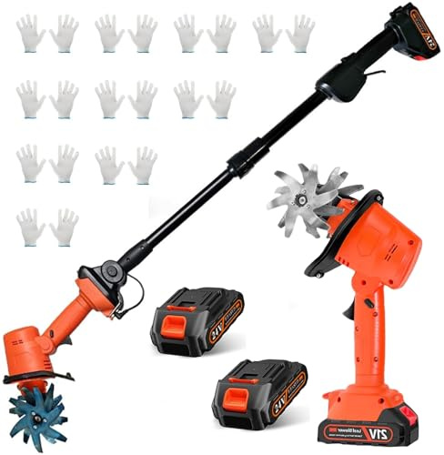 21V Cordless Mini Tiller Cultivator, 235 RPM Rotavator, 2 Batteries 10 Gloves, 10 cm Width cm Depth, 4 Row Tines for Garden Weeding Two Batteries 1.3Meter Pole Tiller Cultivator