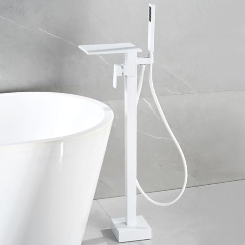 Grifo Bañera y Ducha Cascada de Pie 2 Salidas Grifo de Suelo para Bañera Rotación 360°,Blanco