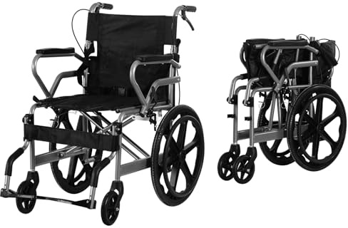 BSTSEL Portabble Foldable Self Propelled Wheelchair Lightweight Fully Folding Mobility Aid Wheelchair for Transit Travel with Adjustable Footrests Seat Belt Dual Brakes 20 Inch Wheels (Silver Frame)