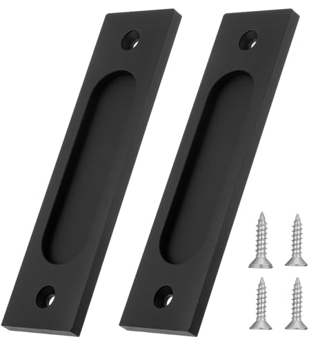 KALIONE 2 Packs Rectangular Recessed Sliding Door Pulls, Sliding Barn Door Closet Handles Pulls, Matte Black Pocket Doors Handles with Screws for Drawers, Cabinet, Sliding Barn Doors, 6Inch, Style 2