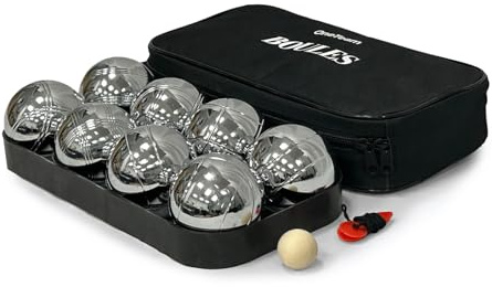 OneTeam Boule Set 8 Kugeln – Petanque Spiel für Erwachsene & Kinder – Verchromter Stahl – Silber – Robustes Outdoor Gartenspiel & Freizeitspaß