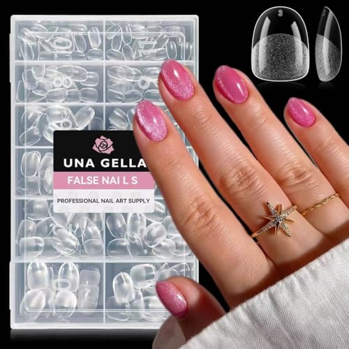 UNA GELLA Capsules Américaines Ongles Ovales Extra Courtes, 216 pcs en 12 Tailles, Soft Gel Full Cover Pré-Égratignées, Faux Ongles Gel Transparents pour Extension Ongles DIY & Salon