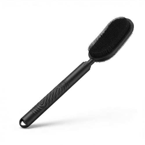 Silikon Rückenbürste mit Langem Stiel (37-70cm Ausziehbar), Doppelseitige Duschbürste für Peeling & Massage, Rückenschrubber für Dusche, Körperbürste für Damen und Herren (Schwarz)