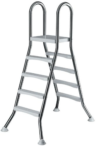 IDEAL Hochbeckenleiter Edelstahl 4/4-stufig - V2A 1.4301 - Für 1,20 m Aufstellbecken - 2 x 4 ABS Stufen + Plattform - Ø 42 mm Holme - Kürzbar - Bis 120 kg