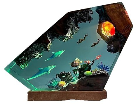 3D Harz Ozean Tier Figuren Nachtlicht,Epoxidharz Ozeanfigur Ornamente mit Holzsockel,Marine Statue Dekoration,LED Ozean Nachtlichter Unterwasser Szene Taucher Hai Wale Schildkröte (Warmes Licht)