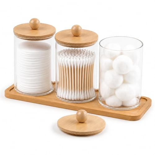 Solvio Premium Glass Cotton Bud Holder Dispenser with Bamboo Lids and pallet- 3 Pack Apothecary Jars for Bathroom Decor, Q Tips, Cotton Pads and Vanity Accessories Storage Organization