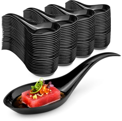 Majillux 100 Cucharas Arco Negras para Catering y Degustación | PS Rígido | Apto para Contacto Alimentario | Contraste Visual | Para Tapas, Canapés y Preparaciones Frías