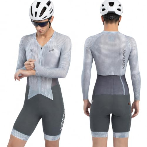 HECLOK Herren Rennrad-Einteiler Langarm | Aero-Skinsuit, hochdichtes Sitzpolster, atmungsaktiv, schnelltrocknend, UPF 50+ & 3 Rückentaschen – für Rennrad & Triathlon