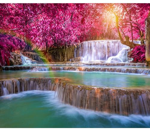 decomonkey Fototapete Wasserfall 350x256 cm XXL Design Tapete Fototapeten Vlies Tapeten Vliestapete Wandtapete moderne Wand Schlafzimmer Wohnzimmer Regenbogen Natur Landschaft