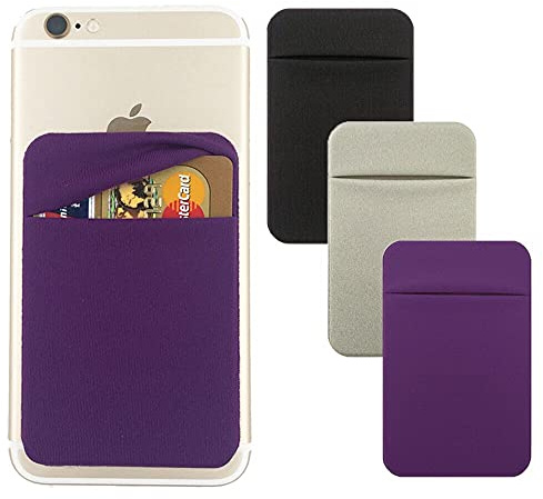 3Pack Cell Phone Card Holder Stick On, Phone Wallet Double Pocket for Back of Phone Case, ID/Credit Cards Wallet Sticker Stretchy for All Smartphones-Purple,Silver,Black