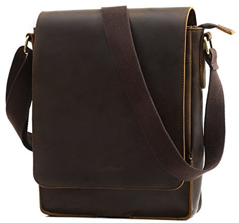 Leathario Herren Umhängetasche Schultertasche Leder 9.7Zoll Ipad mit 5 Steckfächern 25 x 7 x 31 cm für Alltage Freizeit