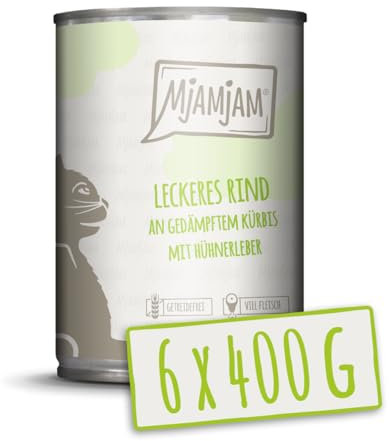 MjAMjAM - Premium Nassfutter für Katzen - leckeres Rind an gedämpftem Kürbis, 6er Pack (6 x 400 g), getreidefrei mit extra viel Fleisch