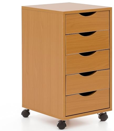 FineBuy Rollcontainer 33x64x38 cm Holz Braun mit 5 Schubladen | Schubladencontainer mit Rollen fürs Kinderzimmer und Büro, Standcontainer passt unter den Schreibtisch