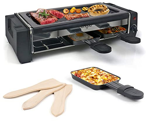 HengBo Raclette Parrilla para 2 Personas, Grill Portátil con una Plato de Parrilla y 3 Mini Sartenes, Temperatura Ajustable, Recubrimiento Antiadherente, 700W, Acero Inoxidable, Negro