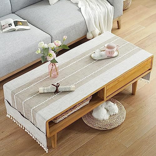 Mantel de algodón y lino con bolsillo Lateral de almacenamiento, mantel rectangular, antimanchas, mantel de mesa, para salón, balcón o jardín, 60 x 160 cm