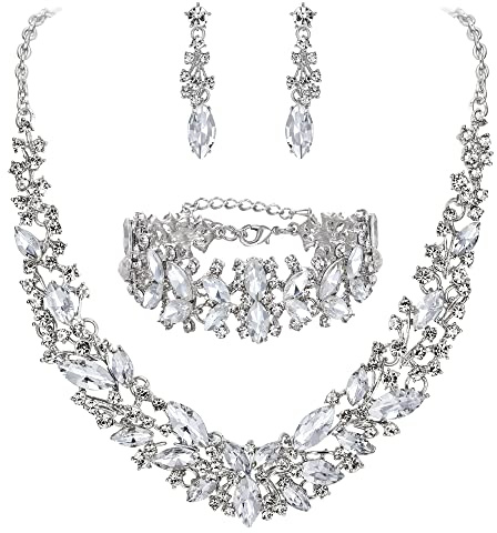Clearine Hochzeit Braut Halskette Ohrringe und Armband Schmuck Set für Damen Kristall Marquise Cluster Halsband Klar Silber Ton