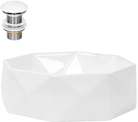 ML-Design Waschbecken Keramik Weiß glänzend Ø 42x13,5 cm inkl. Ablaufgarnitur ohne Überlauf, Diamant Design, Aufsatzwaschbecken Moderne Waschtisch Waschschale Waschplatz Handwaschbecken für Badezimmer