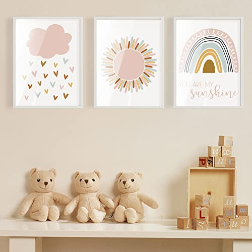 DNGH Bilder Kinderzimmer Poster Babyzimmer Mädchen Deko Boho Wandbilder Regenbogen Wolken Sonne Ohne Rahmen für Wohnzimmer Schlafzimmer Wandbild Kinder Junge Mädchen