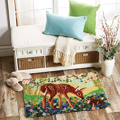 ROCKY&CHAO Knüpfhaken-Teppich-Set DIY-Knüpfhaken Teppichherstellungs für Erwachsene Kinder Kreuzstich Teppichherstellung Heimdekoration 50 * 30 cm （Sika rotwild）