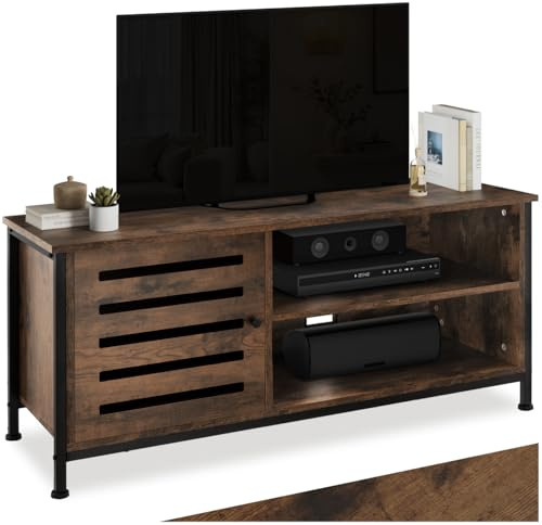 tectake® Mueble TV con Estilo Industrial, Mueble TV Salon con 2 Compartimentos Abiertos, Aparador con Puerta Magnética, Muebles de Salon - 110 x 41,5 x 50,5 cm Madera Industrial Oscura, Rústica