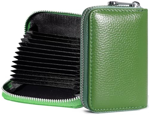 GEEADNB Kreditkartenetui Leder, Kleine Echt Leder Kredit RFID Schutz Scheckkarten 14 Fächer Visitenkartenetui Mit Reißverschluss für Damen und Herren (Avocado Grün)