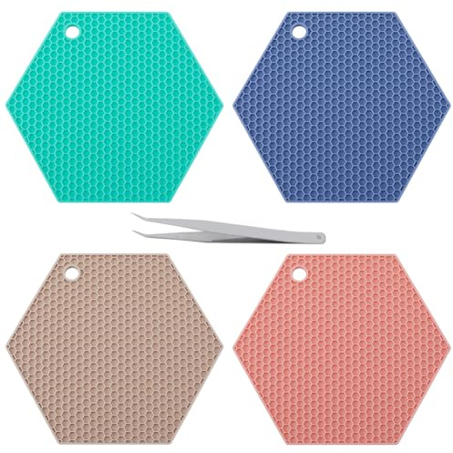 GORGECRAFT 4 Farben Silikon-Doming-Matte Sechseckige Waben-Untersetzer-Matte 180x155mm Hot-Pads Löffelablage Kunstharz-Sammelmatte Hitzebeständige Synthetische Gummi-Pads Küchenwerkzeug Mit Pinzette