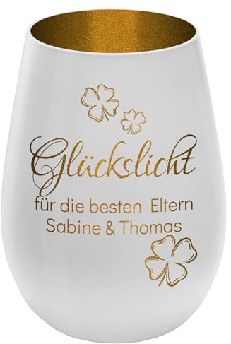 Windlicht mit Gravur Glückslicht - personalisierbar mit Wunschtext - Weiss/Gold - Höhe 12 cm - Geschenk Teelichthalter graviertes Kerzenglas