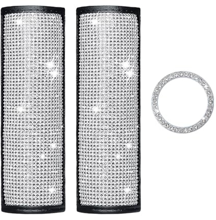 KRYMSON 2 Stück Schmuck-Sicherheitsgurtbezüge Mit 1 Stück Diamant-Startknopf-Aufkleber, Glänzende Sicherheitsgurtbezüge, Damen-Innenraum-Autozubehör