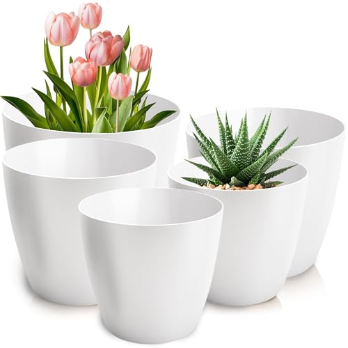PECZEKO Blumentopf matt, 5er-Set blumenkübel, 12/14/16/18/20 cm Pflanzkübel aus Übertopf Kunststoff Topf für, groß und klein Pflanzen, 5er-Set blumenkübel kräutertopf, Weiß