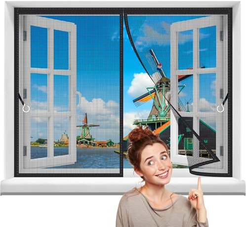 Magnet Fliegengitter Fenster Vorhang für Holz 205x210cm net Aluminium Türen und Balkon Einfache Installation Kinderleichte Klebemontage ​Ohne Bohren Schwarz