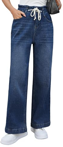 Roskiky Y2k - Pantalones vaqueros para mujer - Corte amplio - Cintura elástica - Corte amplio - Cintura elástica, XXL