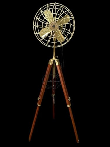 Pedestal Fan Vintage Reproduction Modern Look Wooden Adjustable Tripod for Home Decoration, 14 x 50 inch, Antique Brass/Brown