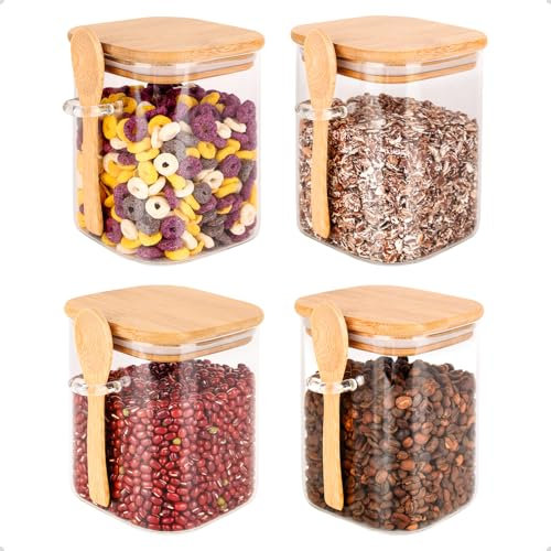 HUALIANG Lot de 4 Carré bocal en verre avec couvercle, 950ml bocaux en verre avec une cuillère en bois, Récipients hermétiques en verre borosilicate, bocaux verre Pour café, épices (4x950ml)