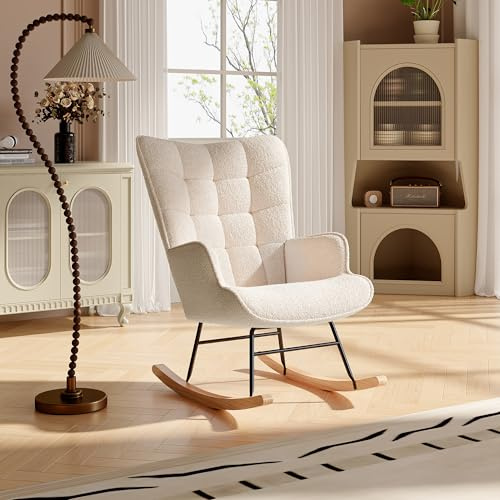 Aonyaybm - Skandinavischer Schaukelstuhl, Stillstuhl, Freizeitstuhl, Stoffsessel mit Holzfüßen und Metall für Wohnzimmer, Schlafzimmer, Beige