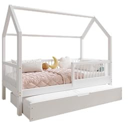 TIMBEE ZOJA - Duo Holzbett - in Hausform mit Rundstäben und Einer Schublade - Skandinavischer Stil - Massive Konstruktion aus Naturholz - Option mit Schlaffunktion - Weiß - 70x140cm
