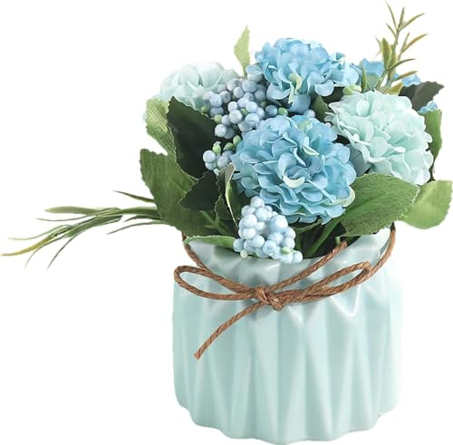 Jwthee Fausses Fleurs dans Un Vase, Fleurs artificielles en Pot avec Vase 14 x 9,4 cm, Petit Vase en céramique, Fausses Plantes de Fleurs, Bouquet de Fleurs artificielles en Pot pour (Bleu)