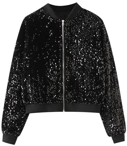 Pailletten Jacke Damen-Bomberjacke mit Glitzer Glänzend Pailletten Blazer Glitzer Glänzende Paillettenjacken Party Bolero Tops 80er Jahre Outfit Mottoparty Karneval Fasching Kostüm Disco Outfits