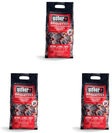 Weber Barbeque Briquettes | 4 kg Bag | BBQ Coal for Weber Grills | Coal BBQ Fuel | Premium Quality, Easy to light | Long Lasting | 100% Natural, Made from Waste Wood (17590168), Black (Pack of 3)