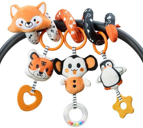 TUMAMA Giochi Spirale da Passeggino per Neonato 0 2 3 6 9 12 Mesi, Peluche Bianco e Nero Spiral Passeggini Giocattolo Gioco per Neonati Bambina Ragazzo, Volpe Culla Carrozzina con Sonaglio Teether