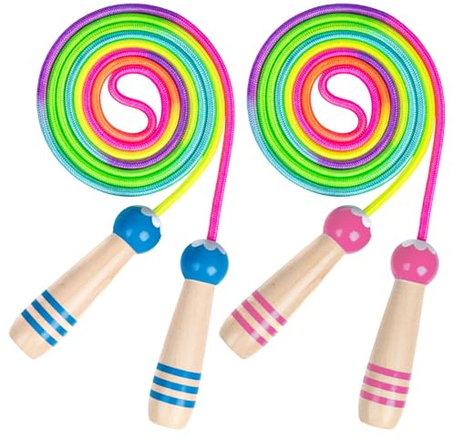 2 Stück Springseil Kinder, Verstellbares Springen Seil mit Holzgriff und Regenbogen-Springseil, Skipping Rope Kids für Fettverbrennung & springen Übung & Fitness