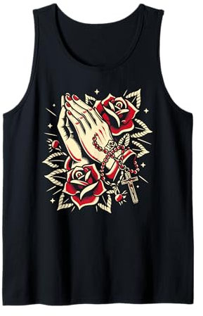 Rosenkranz mit betenden Händen, traditionelles Tattoo-Design Tank Top