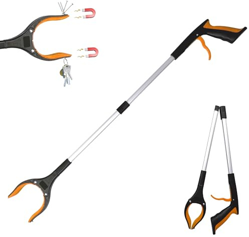 84cm Long Foldable Litter Pickers Grabber Stick, Helping Hand Grabber for Disabled, Elderly and Adults Heavy Duty Pick up Stick Grabber-Orange