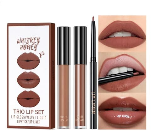 Juego de 3 barras de labios mate, brillo de labios, perfilador de labios de larga duración, altamente pigmentado, resistente al agua, color nude de 24 horas (#05, SET)