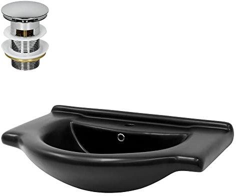 LuxeBath Waschbecken Keramik Schwarz matt 77x50,5x22,5 cm Oval mit Ablaufgarnitur, Einbauwaschbecken mit Hahnloch, Überlauf, Aufsatzwaschbecken Einbauwaschtisch Waschschale Waschplatz Handwaschbecken