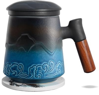 ZENS Teetasse mit Deckel und Sieb, 450 ml Große Holzgriff Teebecher mit Teesieb für Losen Tee, Geprägtem Keramik Teetassen und Untersetzer Set, Geschenke für Teeliebhaber, Schwarz und Blue