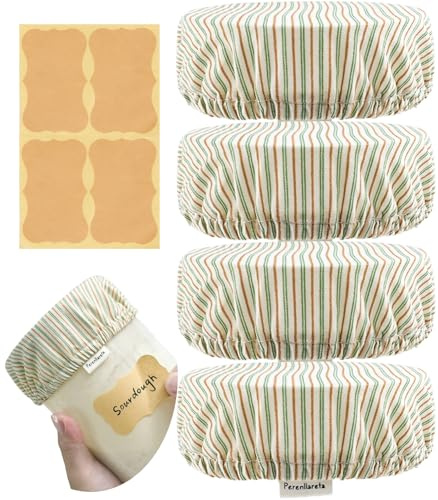 Perenllareta Cloth Jar Covers for Sourdough 4Pack, 4 inch Wide Mouth Kombucha Fabric Lid for Weck Mason Jars, Green Striped