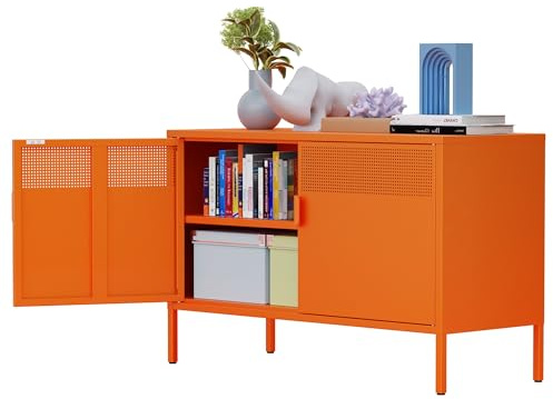 Förvaringsskåp i metall med dörrar och hyllor, stålskåp för vardagsrum, metall-arkivskåp för hem och kontor, orange, 40 T x 100 B x 64 H cm