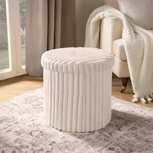 OHS Round Storage Ottoman Box, Decorative Cream Ribbed Ottoman with Lid Space Saving Organising Box for Livingroom Bedroom Footrest with Hidden Storage