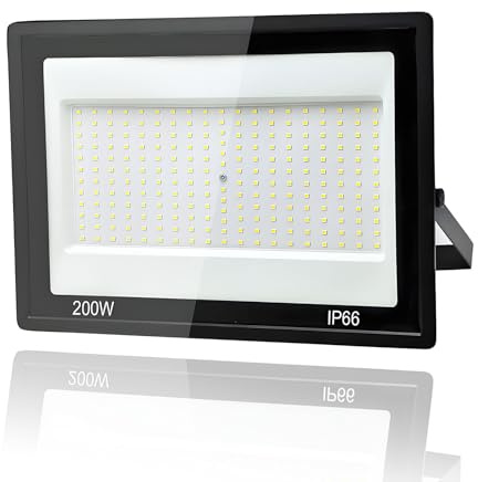 Tkdaksy Focos LED Exterior 200W, 1M Cable Blanco Frío 6500K Proyector LED Exterior, Resistente al Agua IP66 Foco Proyector LED, 20000LM para Terrazas, Patios, Cuadrado, Parques, Garajes, Fábricas